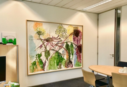 Aquarel op Thaisbamboepapier 250 x 180 cm, Noordamerikaans mahoniehouten lijst, los gemonteerd zonder glas